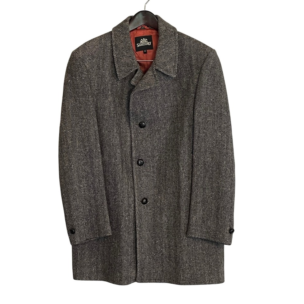 Stafford Mens Gray Herringbone Overcoat 100% Pure Wool Car Coat Size 44 Uruguay